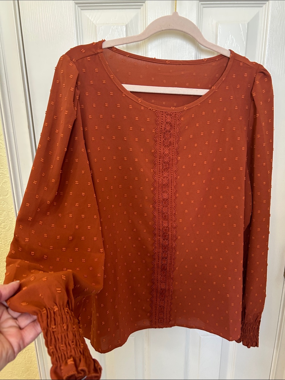 SHEIN Rust Brown Lace-Trim Long Sleeve Blouse